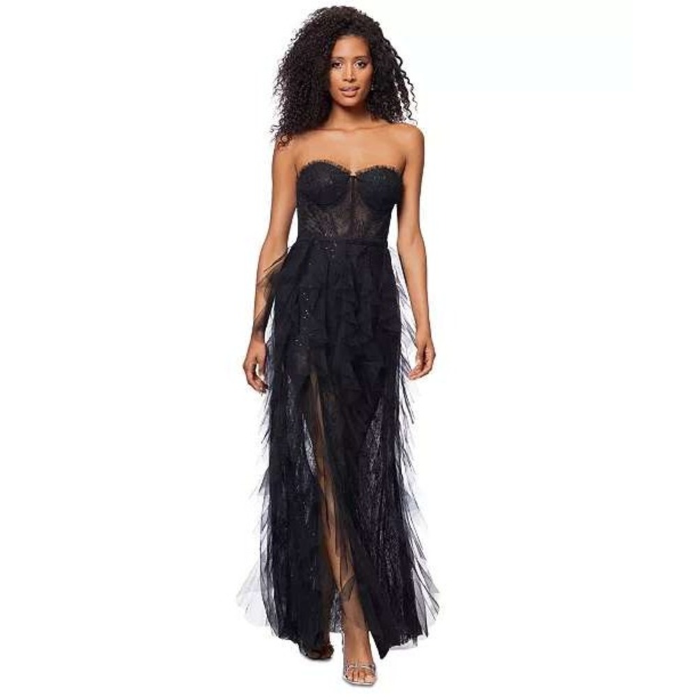 Betsy Adam Gown Women 12 Black Lace Tulle Sequin Tiered Ruffle Strapless Formal - Picture 3 of 13